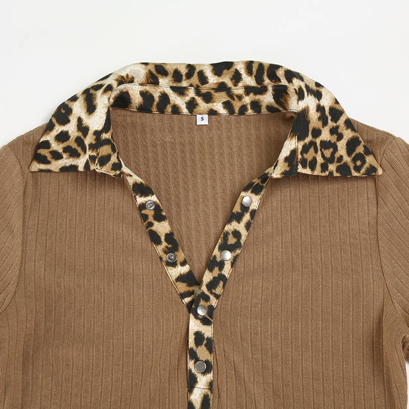 VINTAGE PATCHWORK LEOPARD POLO-NECK KNIT T-SHIRT