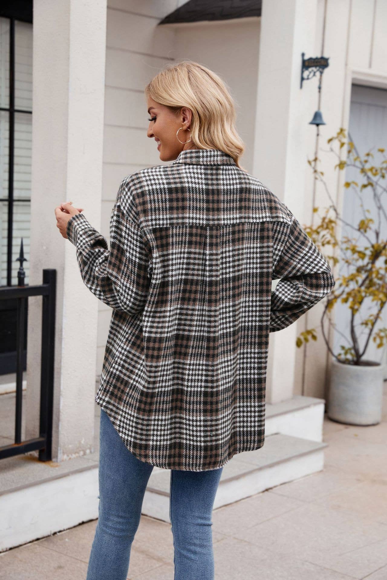 Thousand-bird checkered button flannel shirt