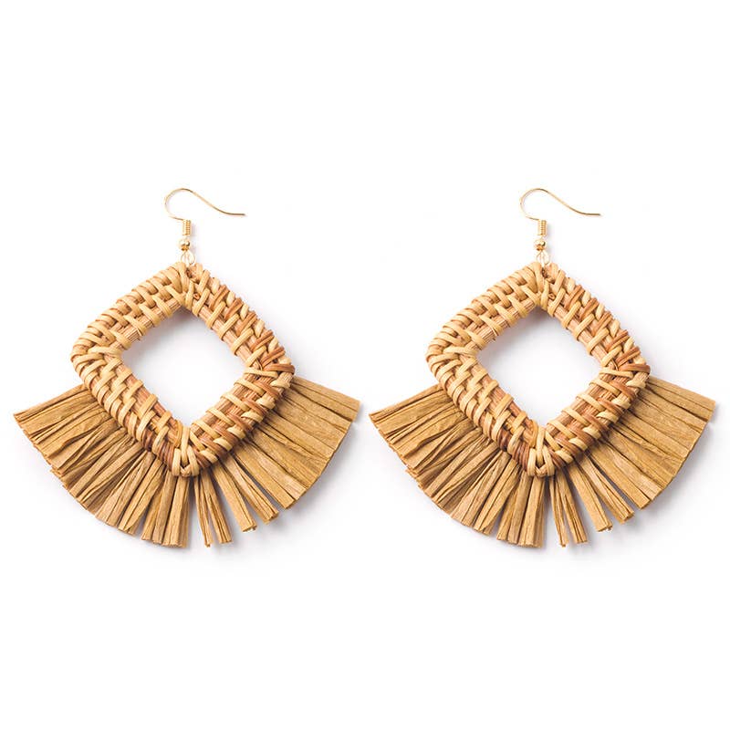 Hand-woven geometric rattan raffia earrings