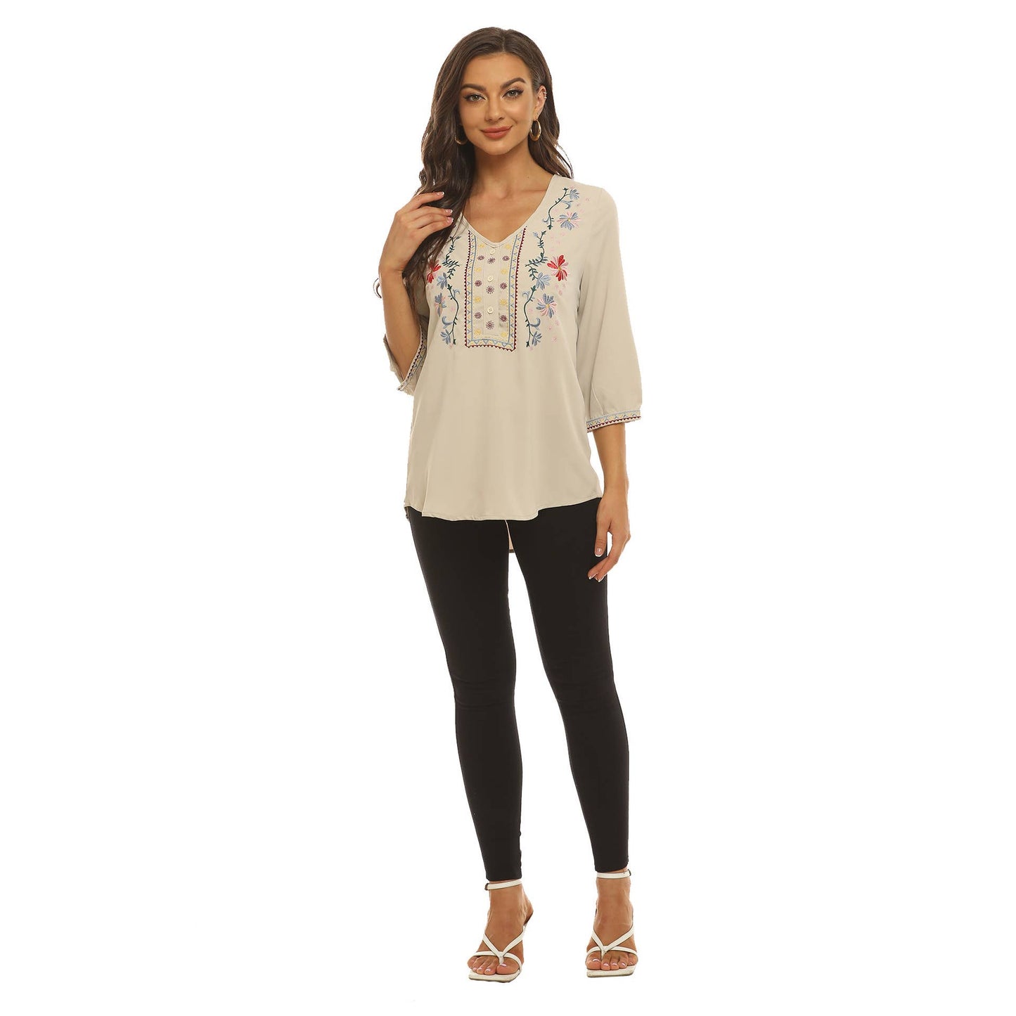 VINTAGE V-NECK EMBROIDERED LOOSE BLOUSE