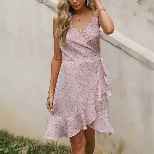 Slip skirt flanged one-piece floral dress