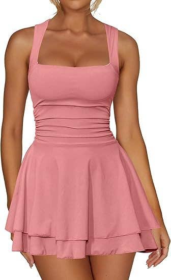 Mini dress with square neck waist pleated hem