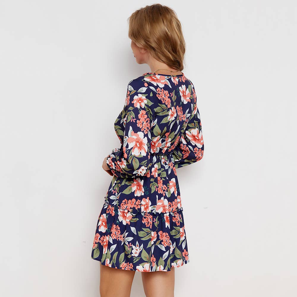 Round neck loose floral waist waist short dress