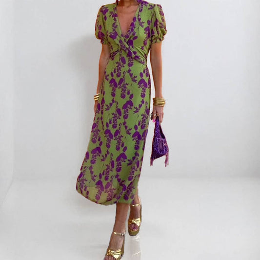 Fashion pleated print slim V-neck dress