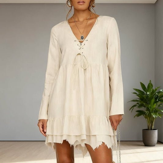 Rivet laced cotton linen long-sleeved dress