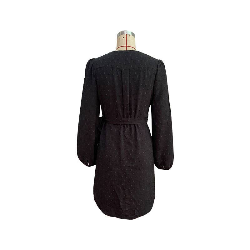 JACQUARD LONG-SLEEVED STYLE ONE-PIECE SHORT DRESS