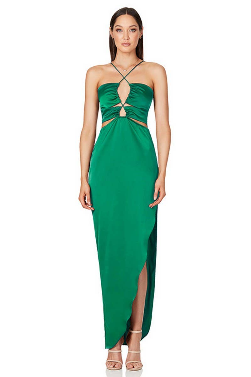 CWDMD01077_SEXY BACKLESS SLIT TIGHT HALTER NECK DRESS