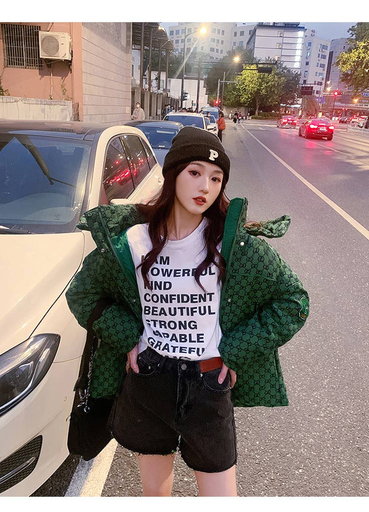 Stand-up collar short plaid hooded padded jacket