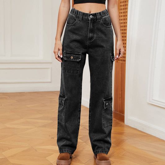 Semi-elastic personalized denim cargo pants