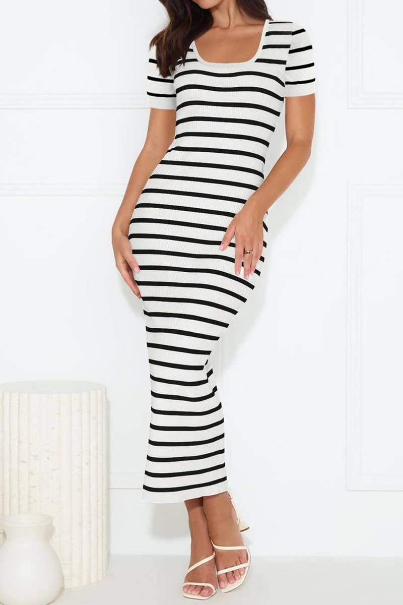 CWDMD4281_STRIPED U-NECK SHORT-SLEEVED KNITTED LONG DRESS