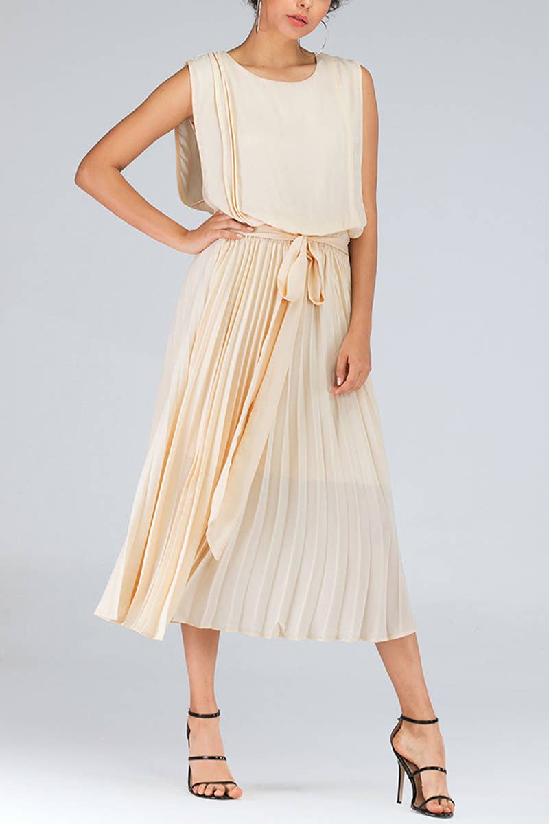 PINCHED BOW PLEATED CHIFFON SLEEVELESS DRESS