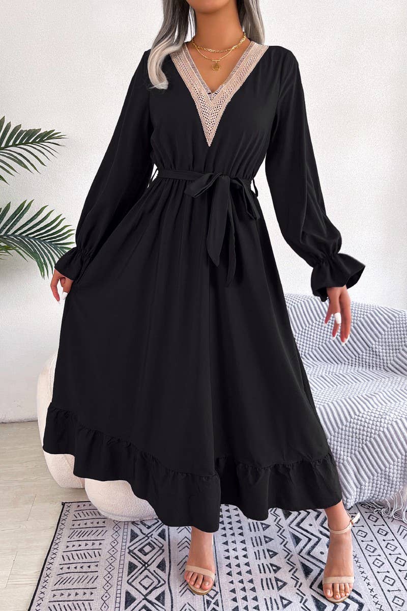 CWDMD4716_TEMPERAMENT V-NECK LACE WAIST RUFFLED LONG SKIRT