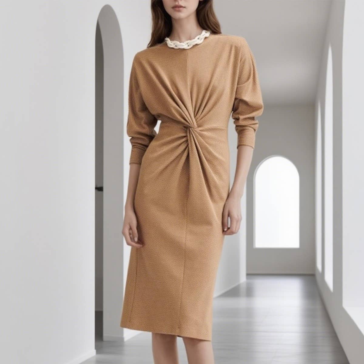 Retro-style round-neck twisted knitted dress