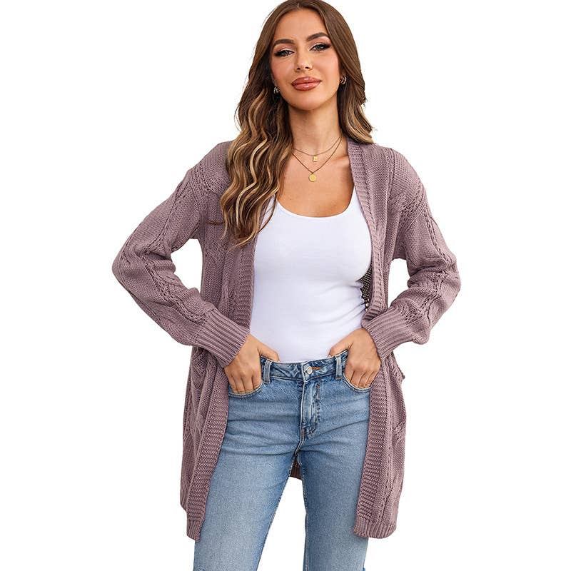 SOLID COLOR UNBUTTONED MID-LENGTH CARDIGAN