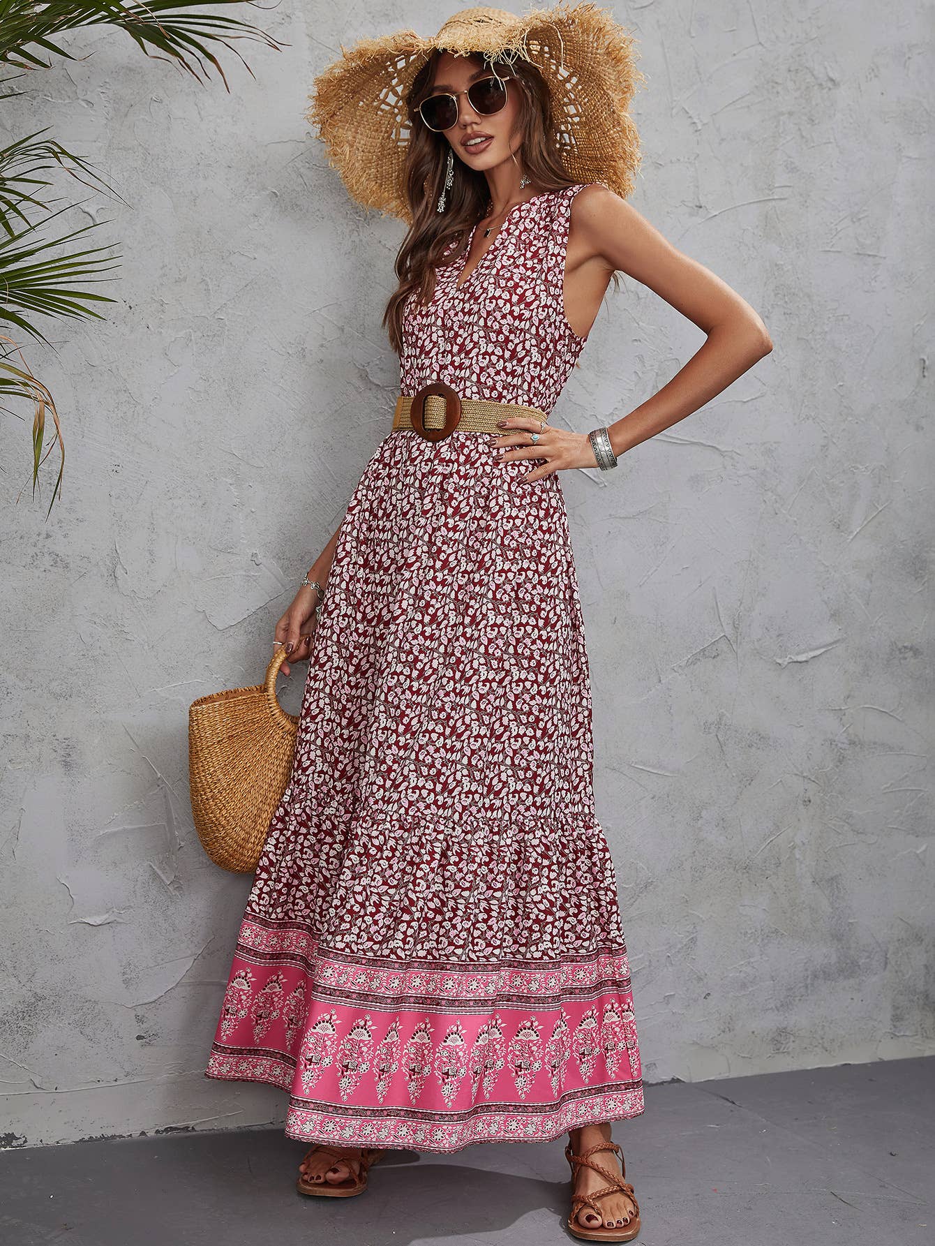 WOMEN'S PRINTED V-NECK SLEEVELESS BELT DRESS