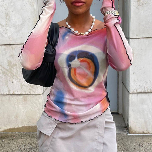 Ruffle Edge Sexy Off-Shoulder Printed T-Shirt