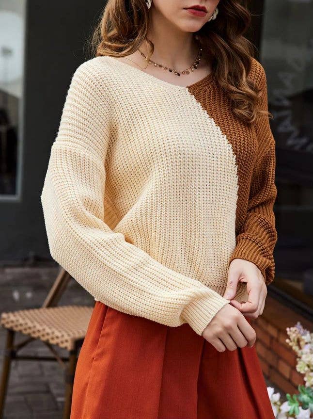 LONG SLEEVE COLOR CONTRAST V-NECK SWEATER