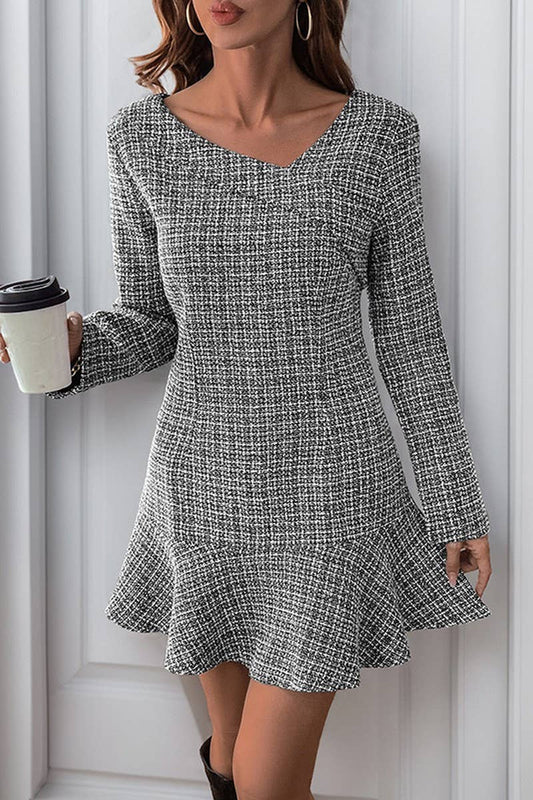 CWDSD6356_LONG SLEEVE IRREGULAR RUFFLE TWEED DRESS