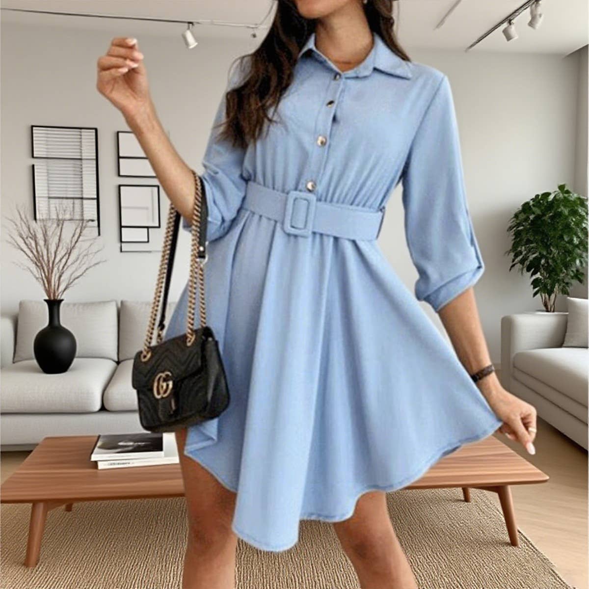 Rolled-up sleeves cinched waist shirt dress