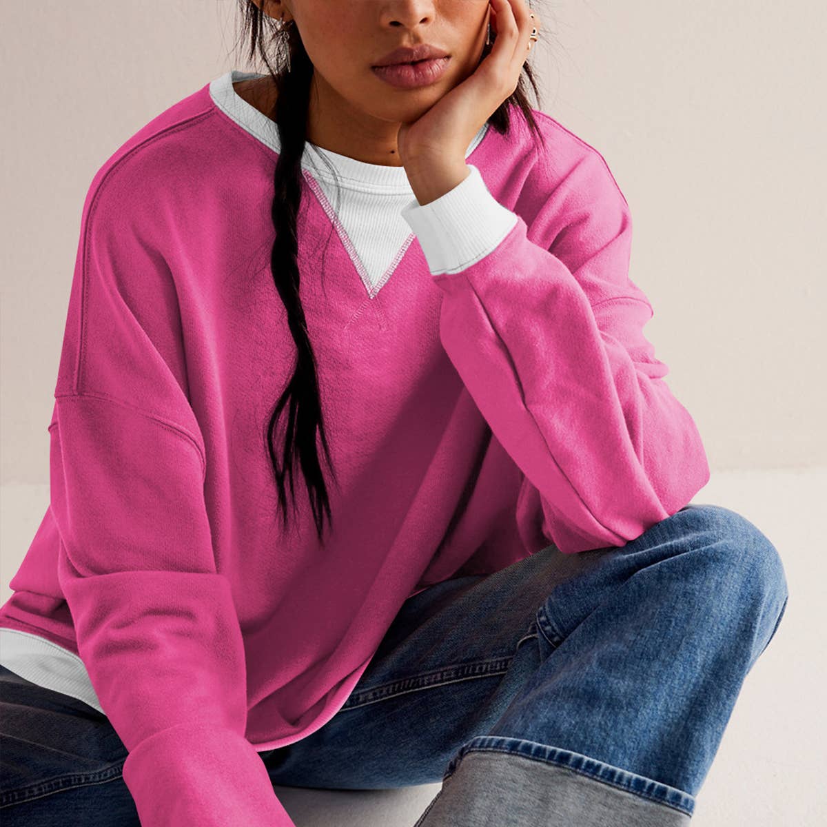 Solid color crew-neck split loose sweatshirt hoodie