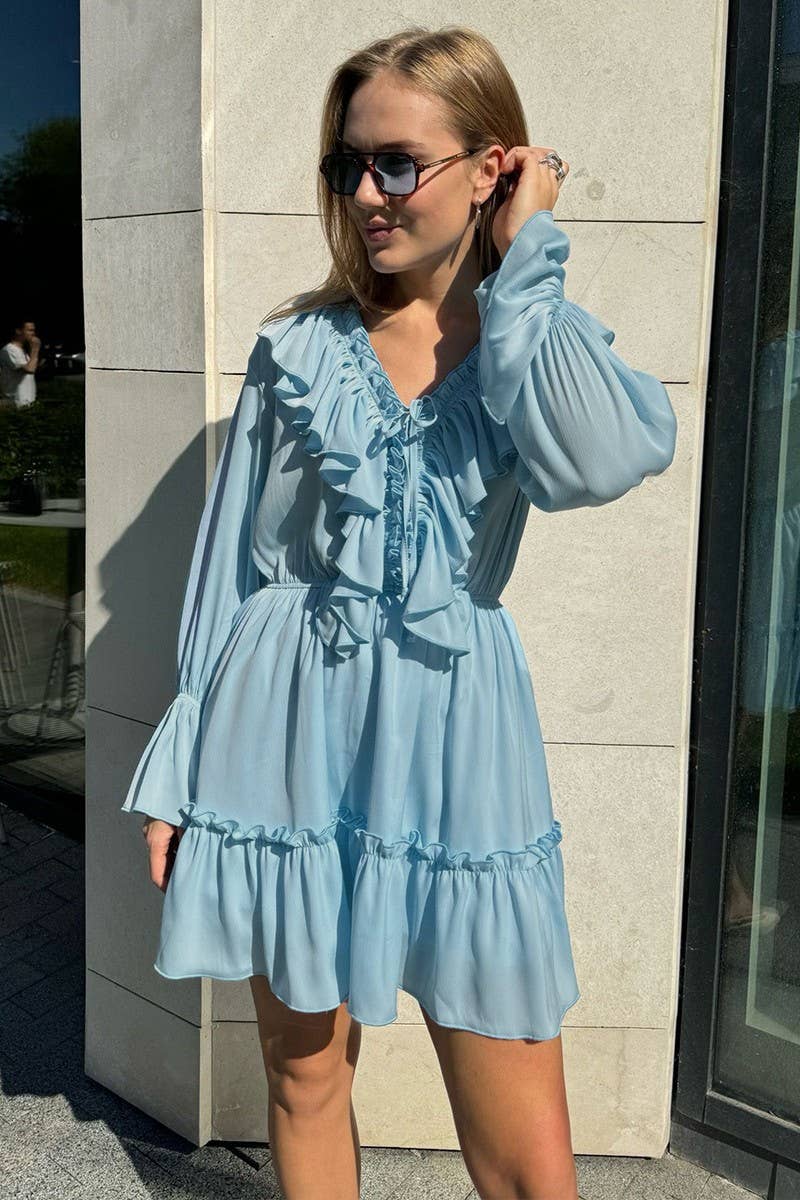 CWDSD7805_V-NECK BELL SLEEVE SHORT CHIFFON DRESS