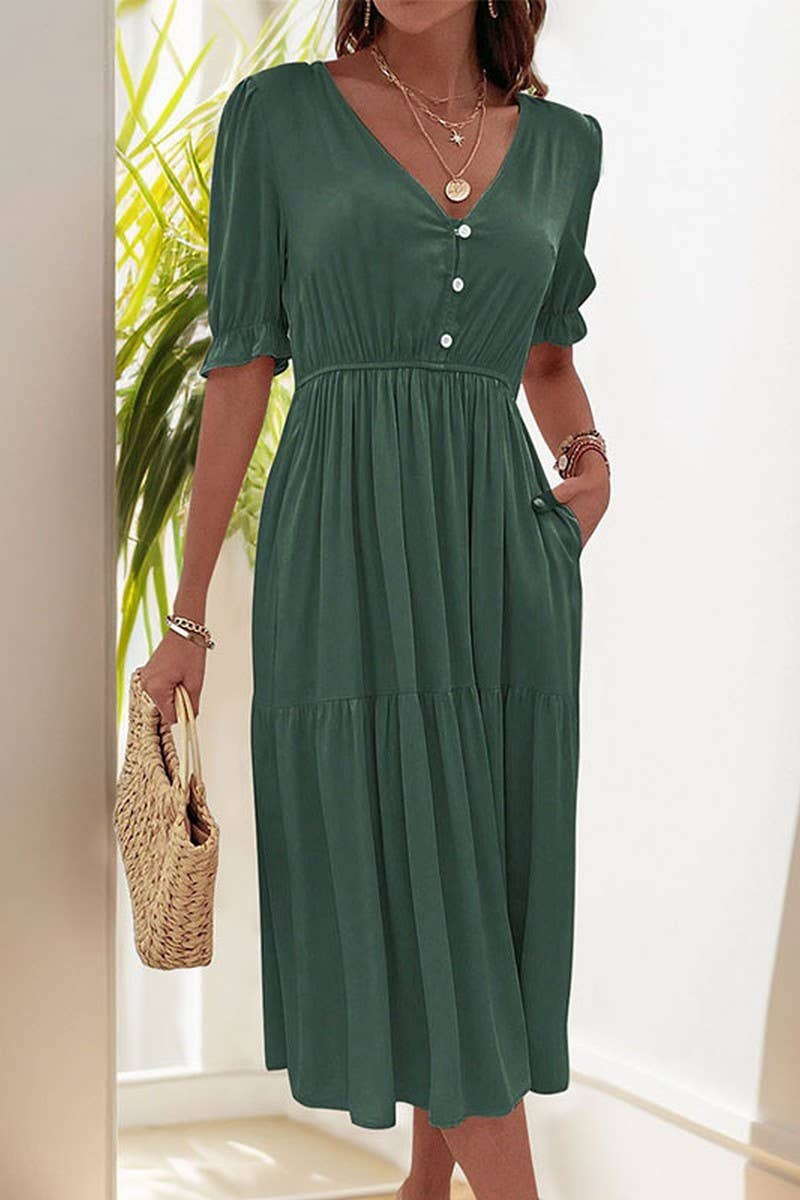 CWDMD5783_CASUAL RUCHED PUFF SLEEVE V-NECK SOLID DRESS