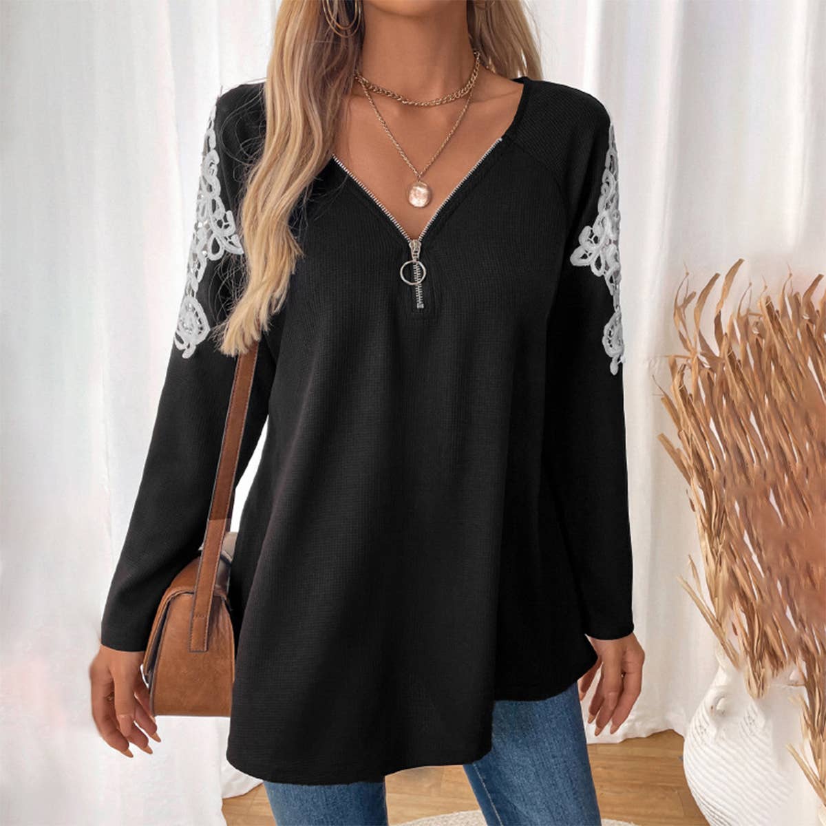 LACE PATCHWORK ZIPPER V-NECK LONG SLEEVE T-SHIRT