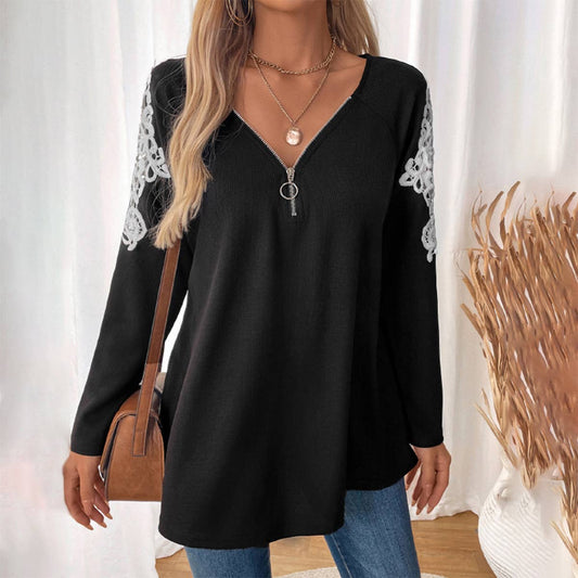 LACE PATCHWORK ZIPPER V-NECK LONG SLEEVE T-SHIRT