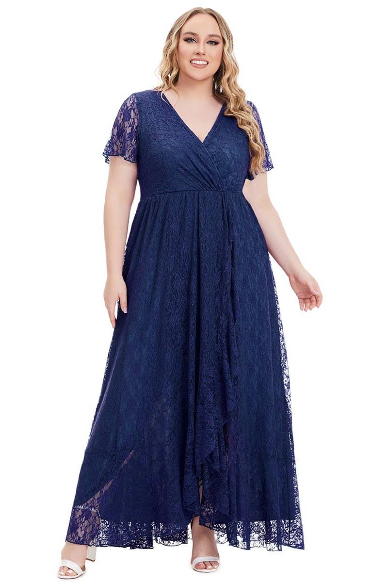 CWDMD3206_PLUS SIZE V-NECK LACE LONG EVENING DRESS