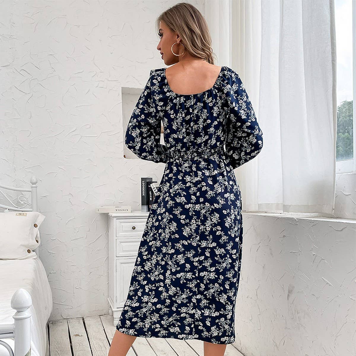 Long-sleeved one-shoulder floral dress