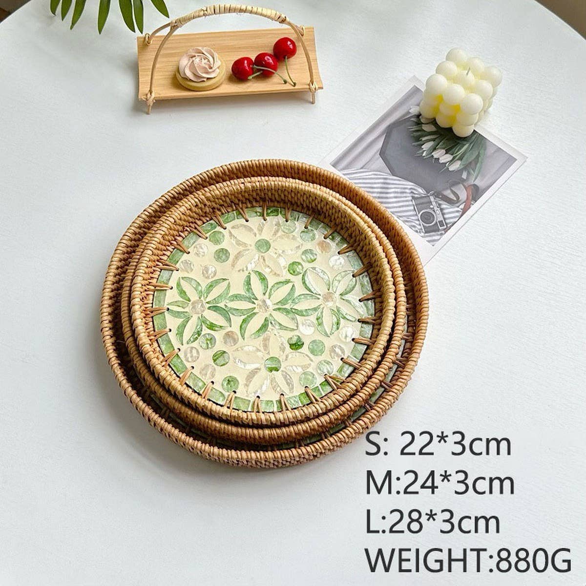 RATTAN COLORFUL SHELL FRUIT TRAY THREE-PIECE SET_CWMM4428