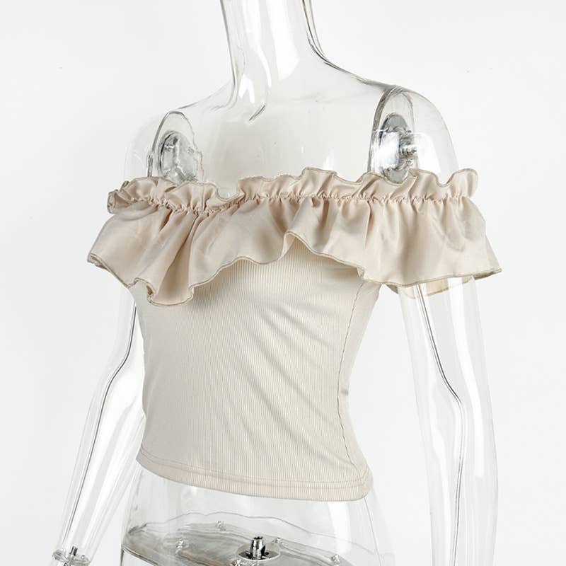 Solid color one-line shoulder ruffle trim top