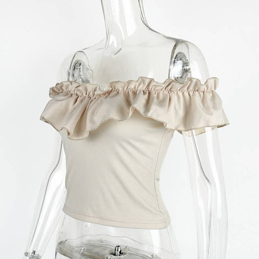 Solid color one-line shoulder ruffle trim top