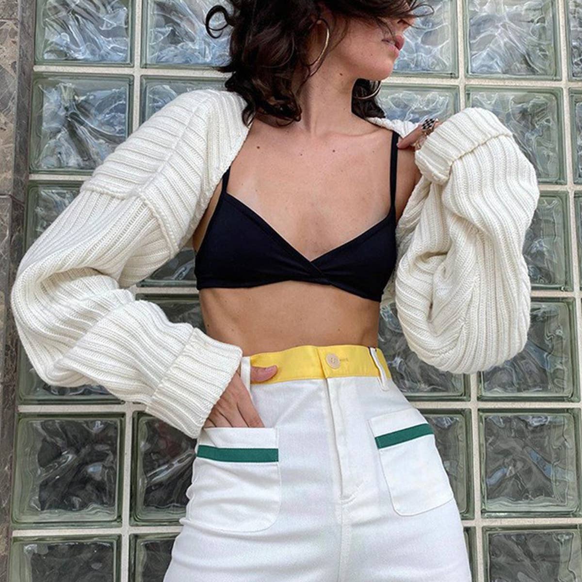 Solid color ultra short long sleeve sweater coat