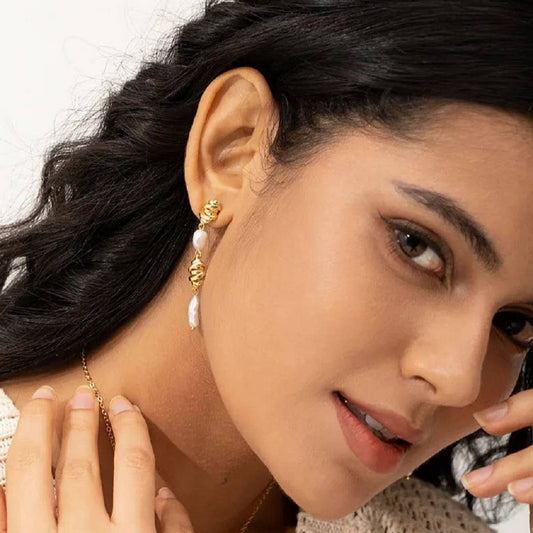 Trendy Irregular White Pearl Earrings 18K Gold
