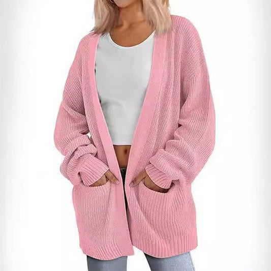 SOLID COLOR LONG KNIT WOMEN POCKET CARDIGAN COAT