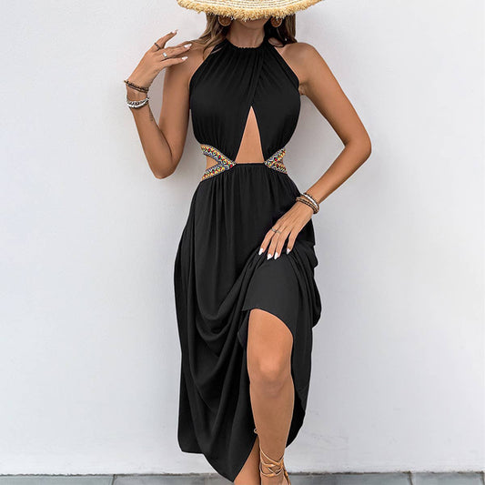 Hollow out halter sleeveless elegant resort dress