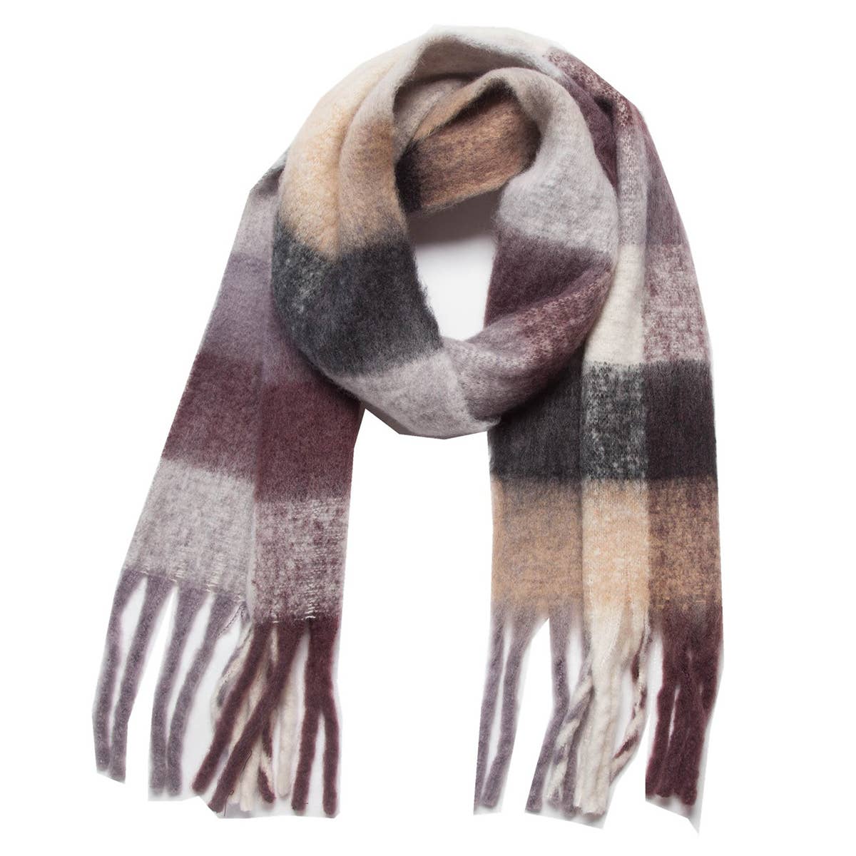 Chunky Plaid Mohair-Look Scarf with Fringes