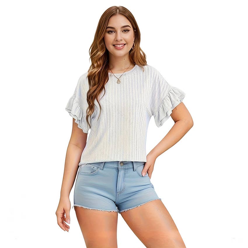 Round neck short sleeve T-shirt with lotus sleeves