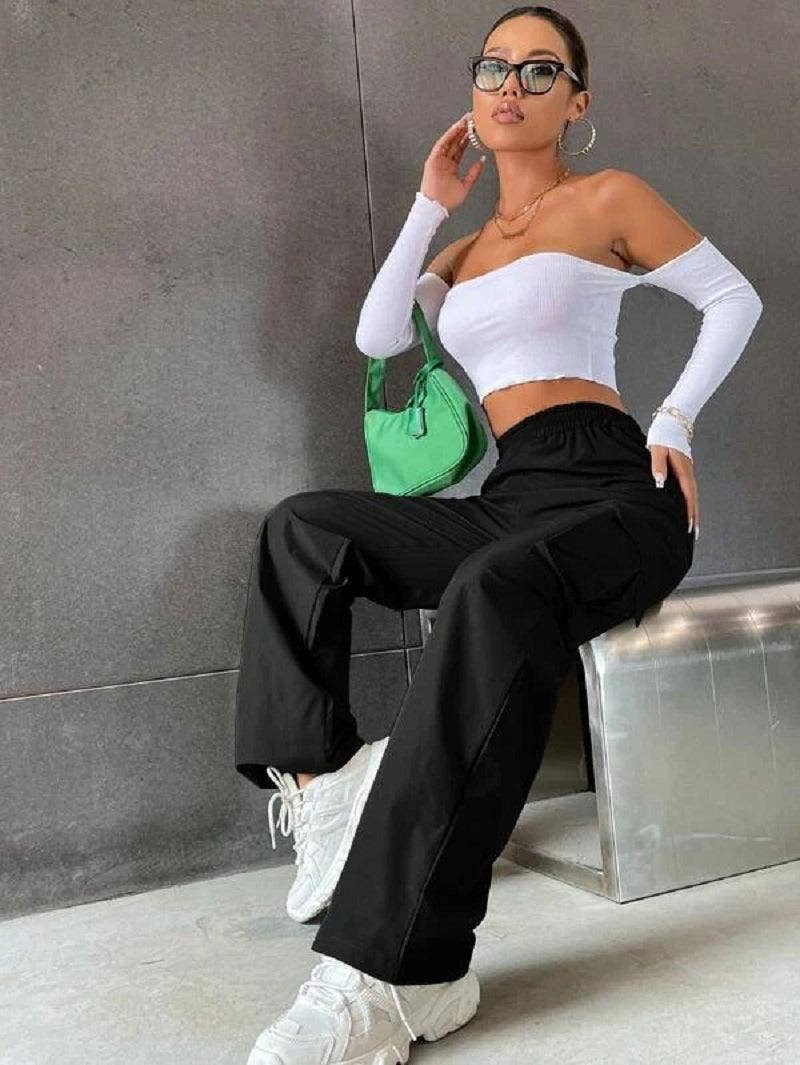 SOLID COLOR HIGH-WAISTED POCKET CARGO PANTS