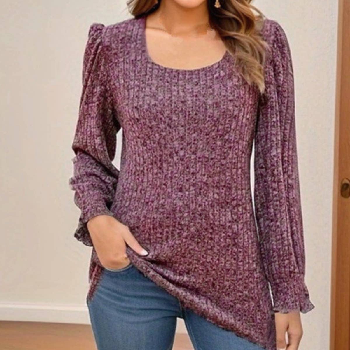 WOMEN'S WOOLEN PIT STRIP LONG SLEEVE T-SHIRT