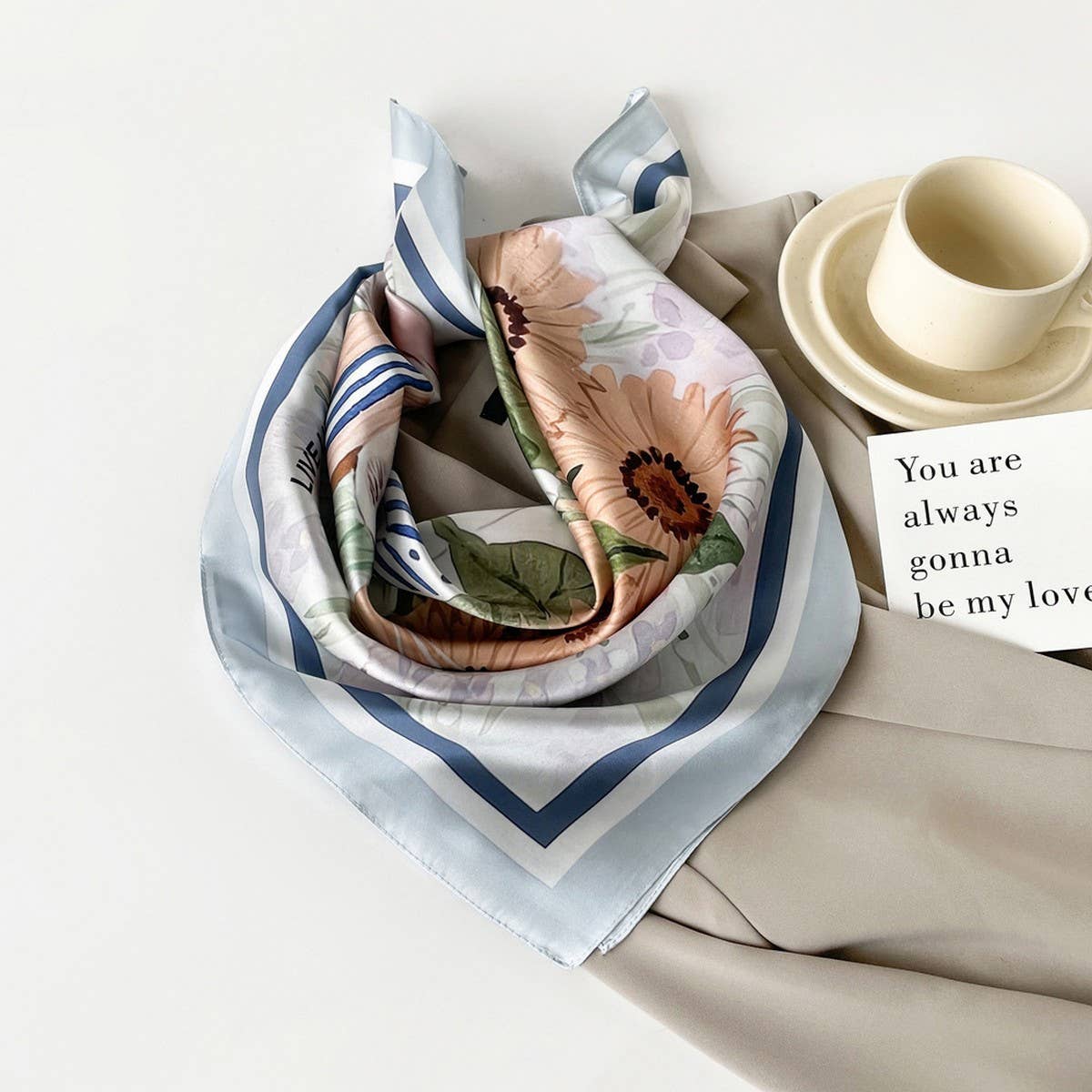 Mint Mambo Style Cartoon Print Satin Square Scarf