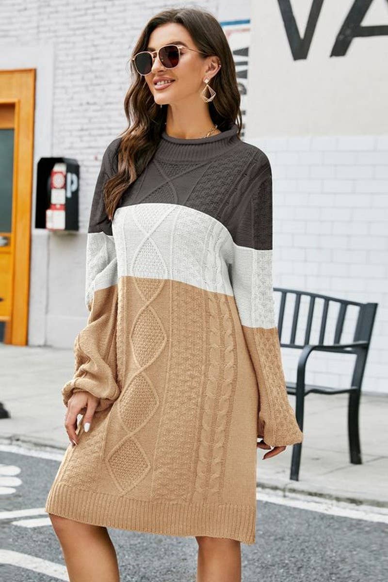 CWDSD5248_ROUND NECK LOOSE CONTRAST COLOR SWEATER DRESS