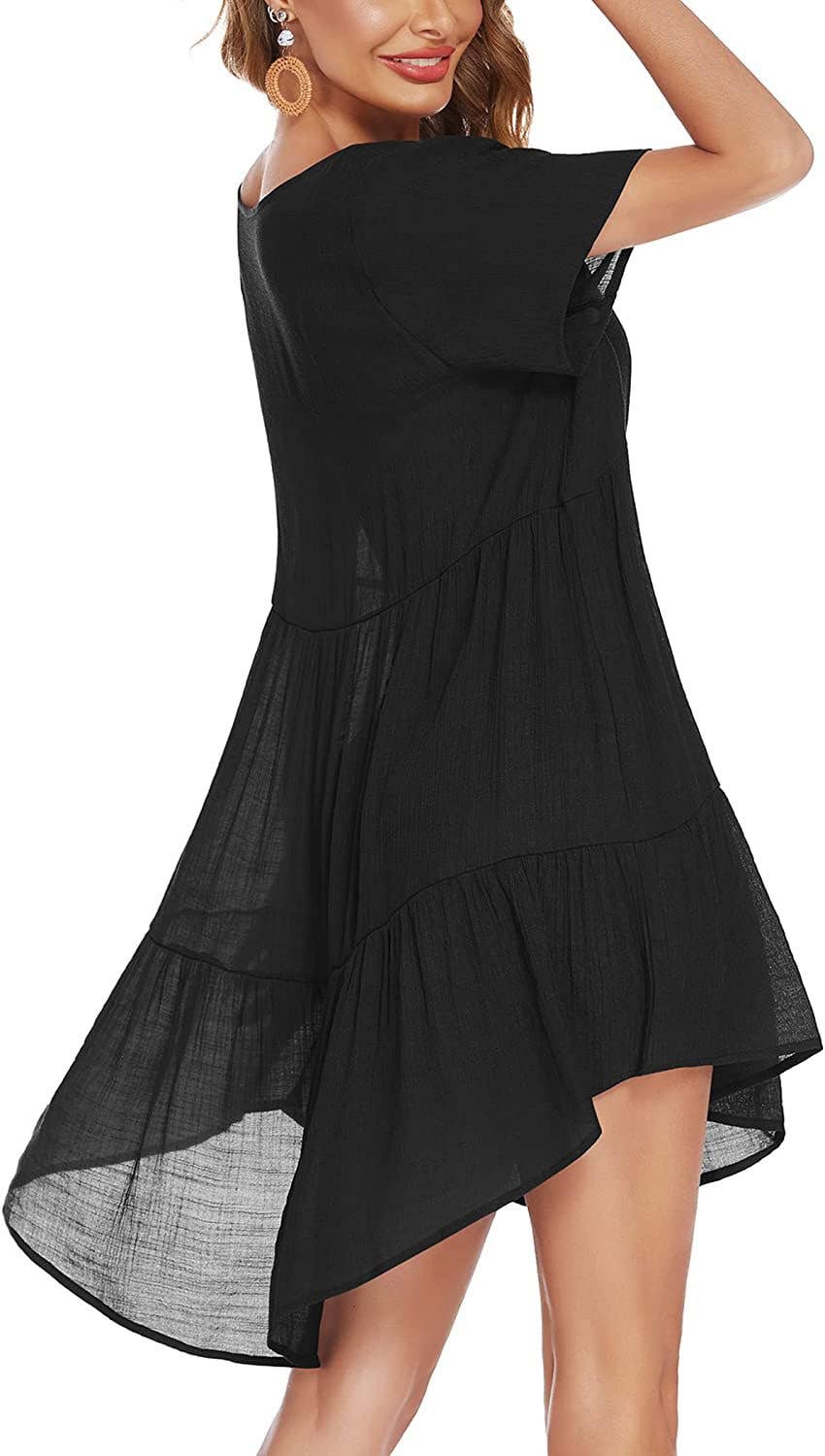 Solid color dark V-neck translucent smock dress