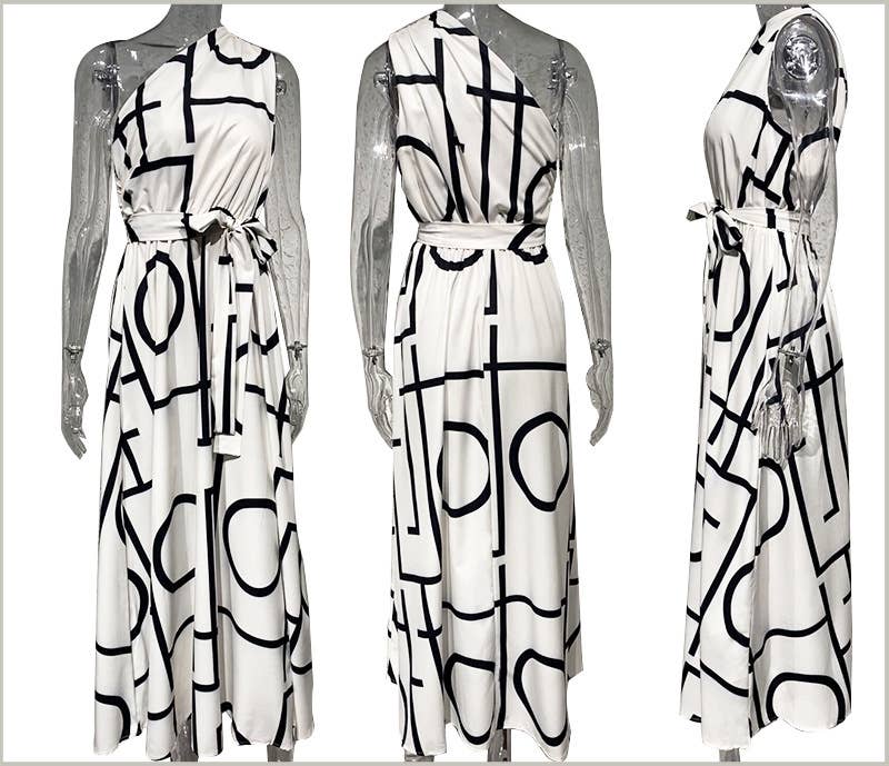 SEXY WAISTLINE PRINT SKEW COLLAR TUNIC DRESS