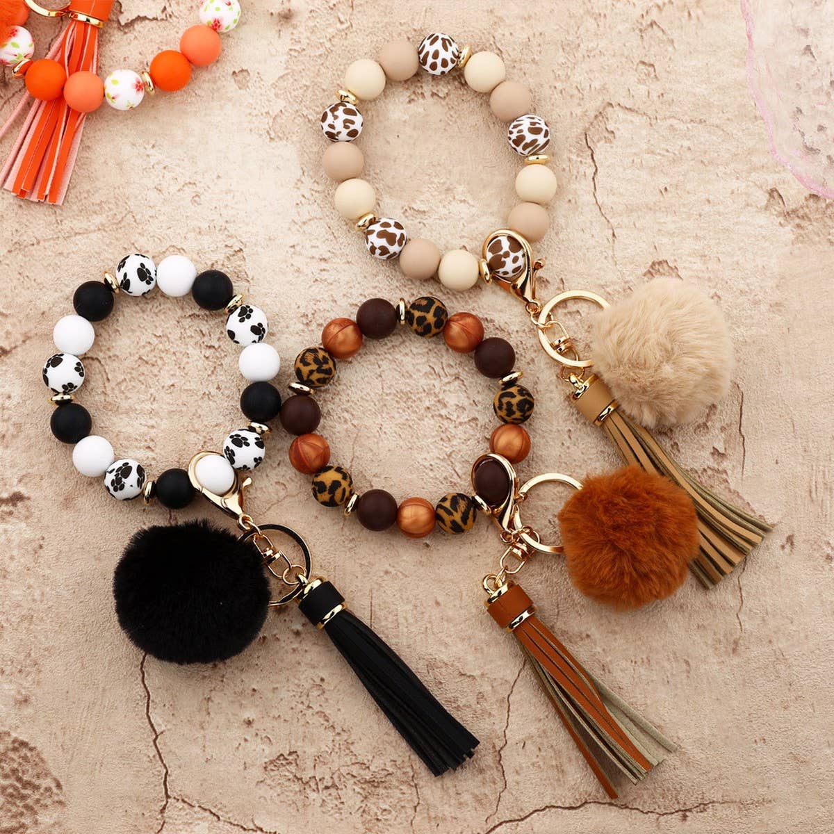 Pom-pom Tassel Keychain Silicone Bead Bracelet_CWAB5016