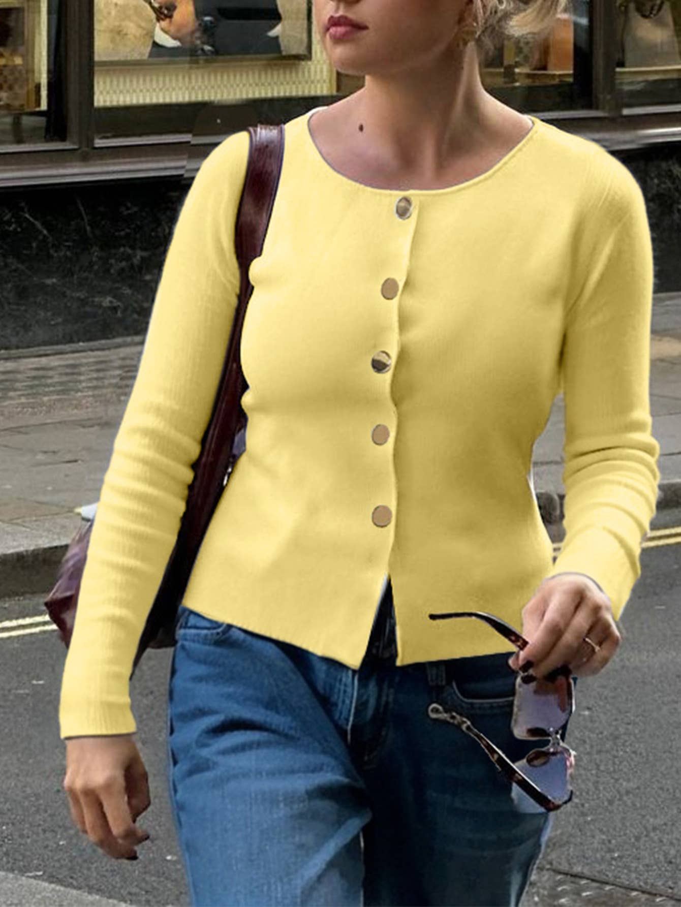Simple long-sleeved single-breasted cardigan