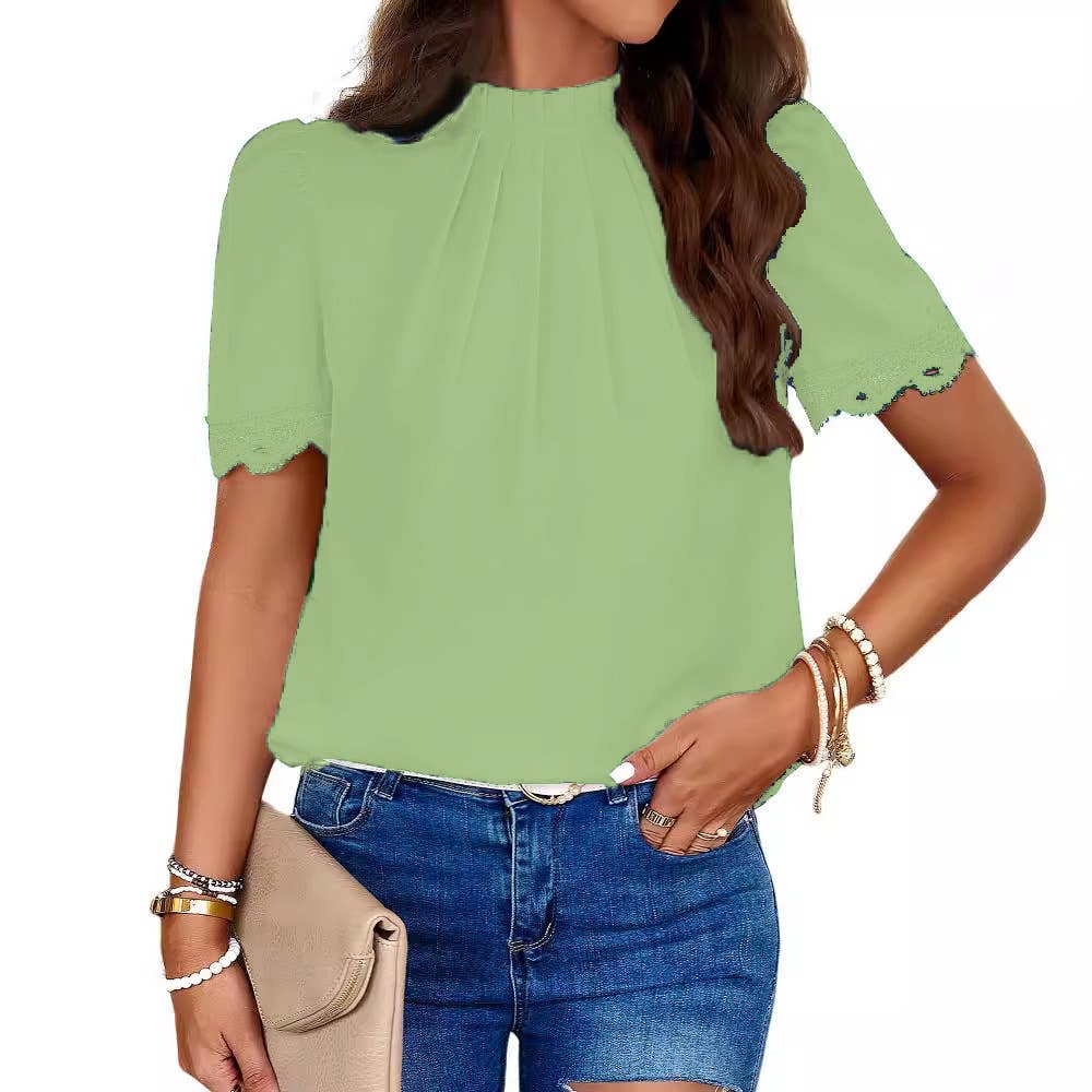 Semi-high-neck lace-trimmed short-sleeved shirt