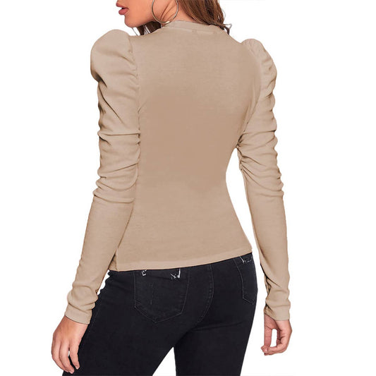 Round neck bubble long sleeve slim-fit top