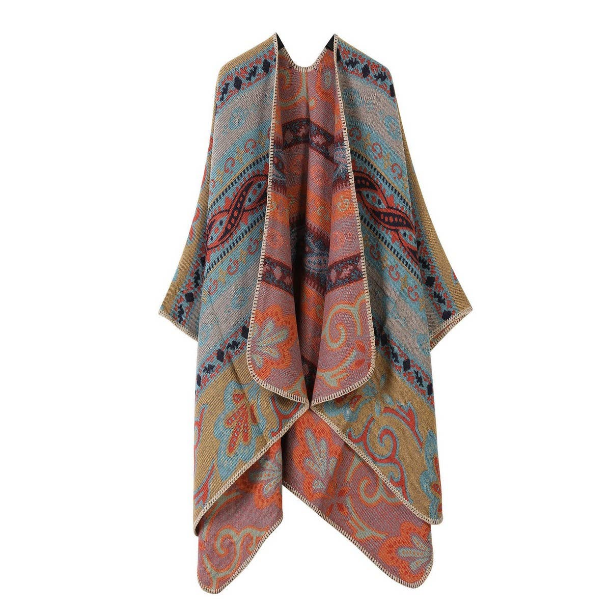 SHAWL FAUX CASHMERE JACQUARD SLIT CAPE SCARF